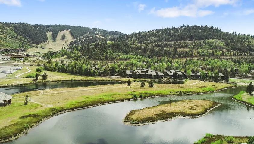 Expansive body of water with a central grassy island, surrounded by natural landscaping and distant forested mountains