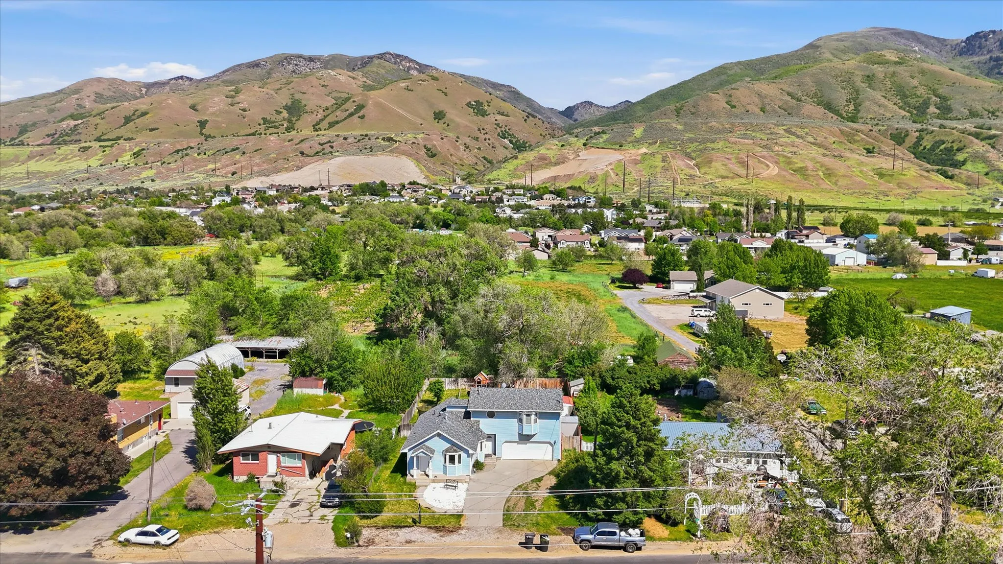 Aerial perspective showcasing a residential area with varied housing styles