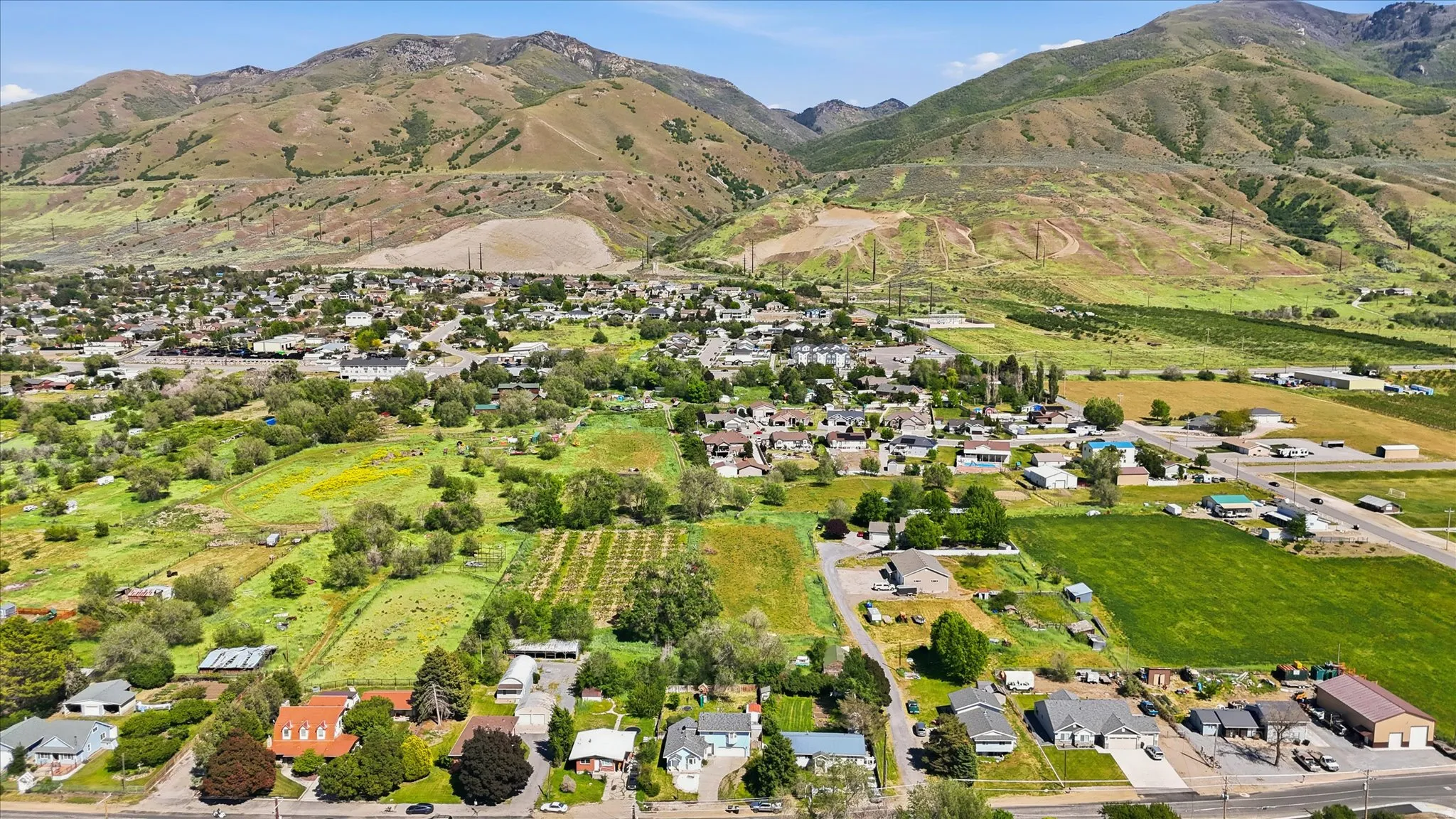 Expansive aerial perspective showcasing a neighborhood nestled against a mountainous backdrop