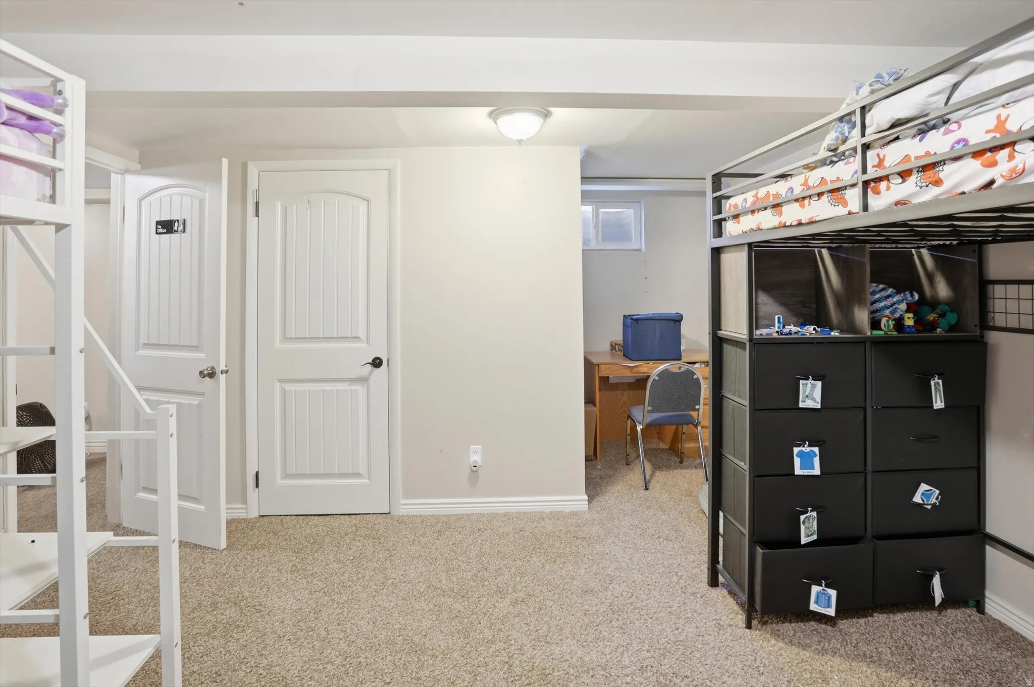 Carpeted room with light-colored walls, featuring two paneled interior doors and a ceiling-mounted light fixture