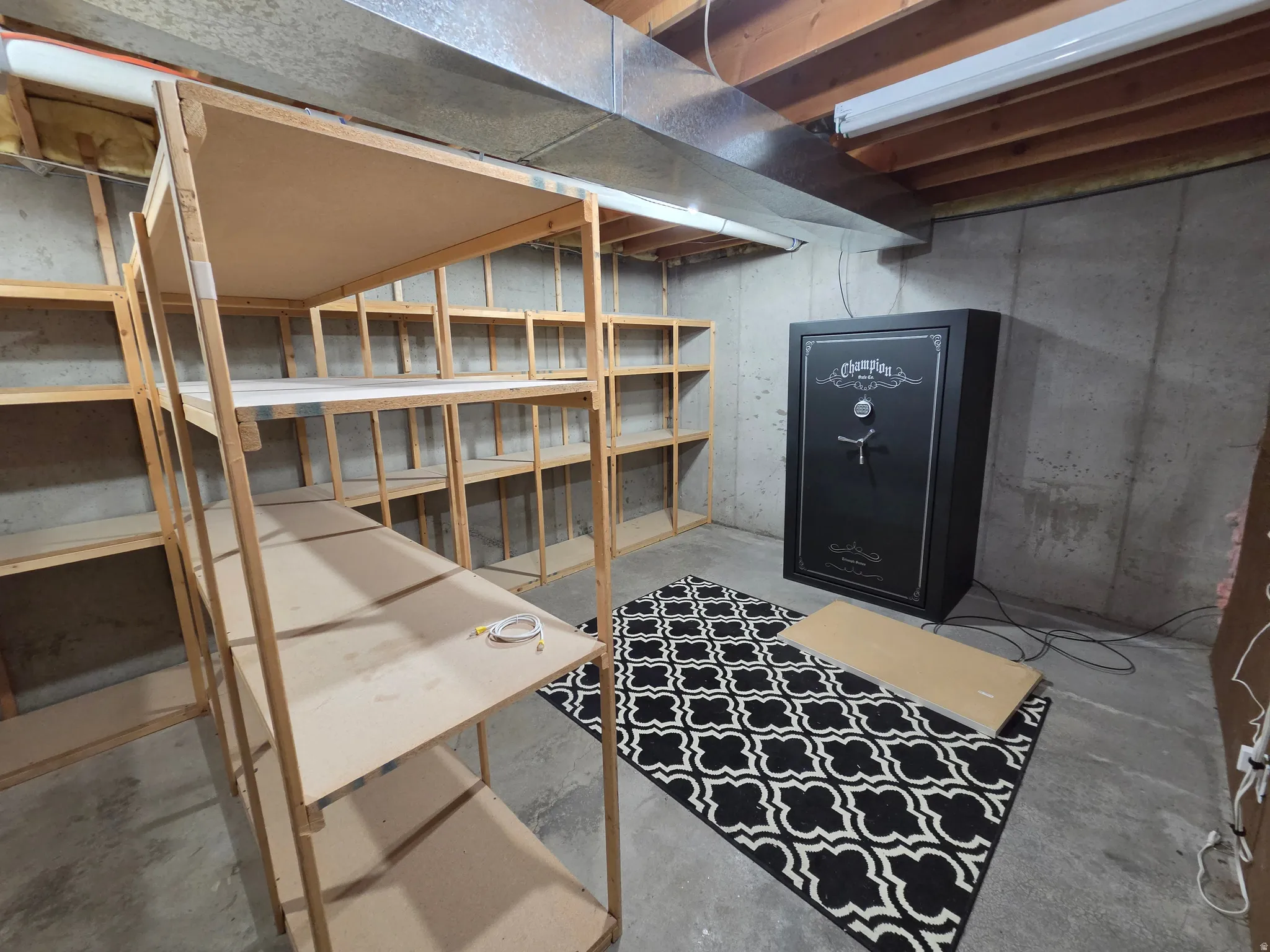Unfinished basement space featuring exposed concrete walls and ceiling