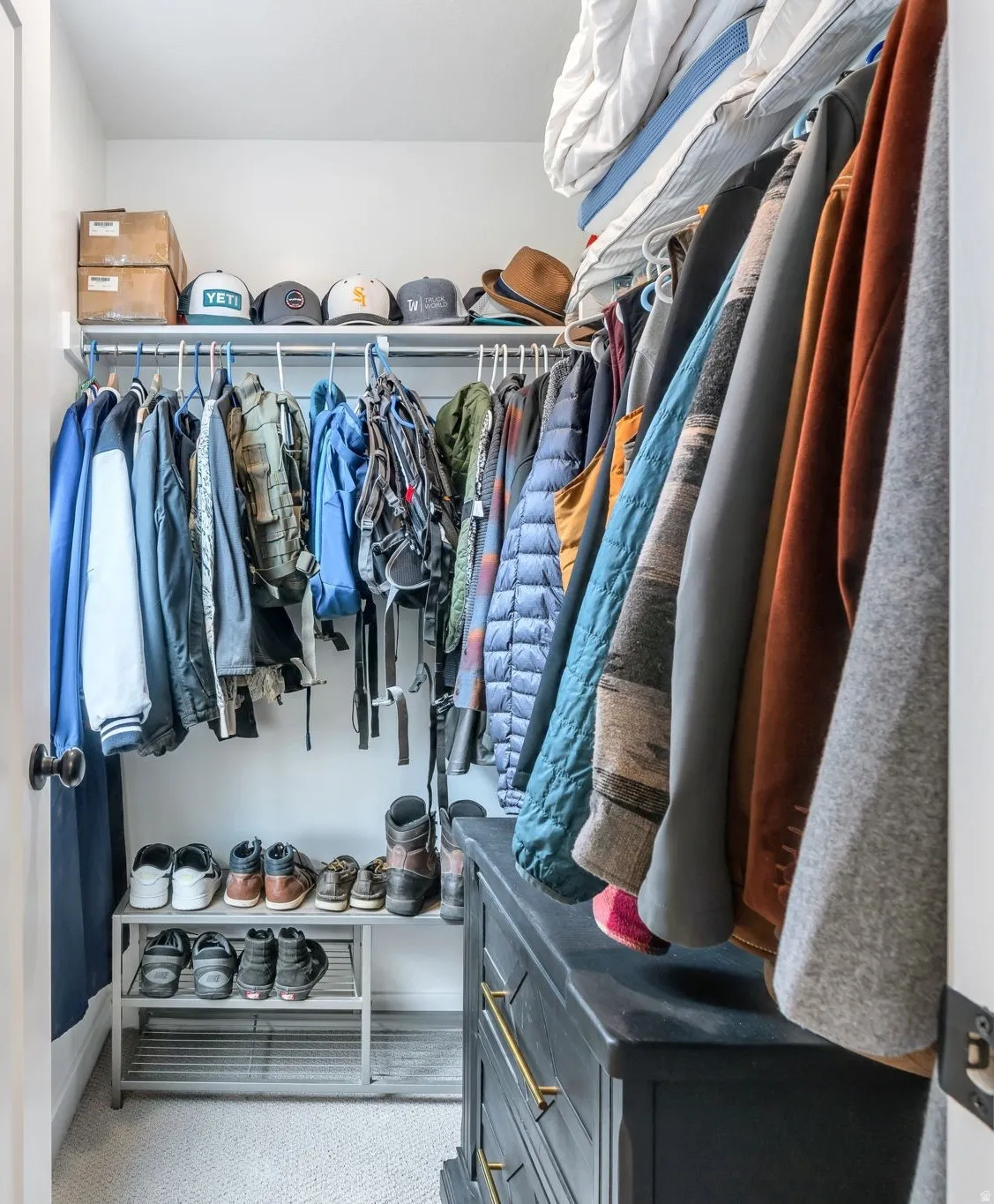 Walk-in closet featuring carpet flooring, built-in shelving, hanging rods, and a dark wood-finish dresser with gold-tone hardware