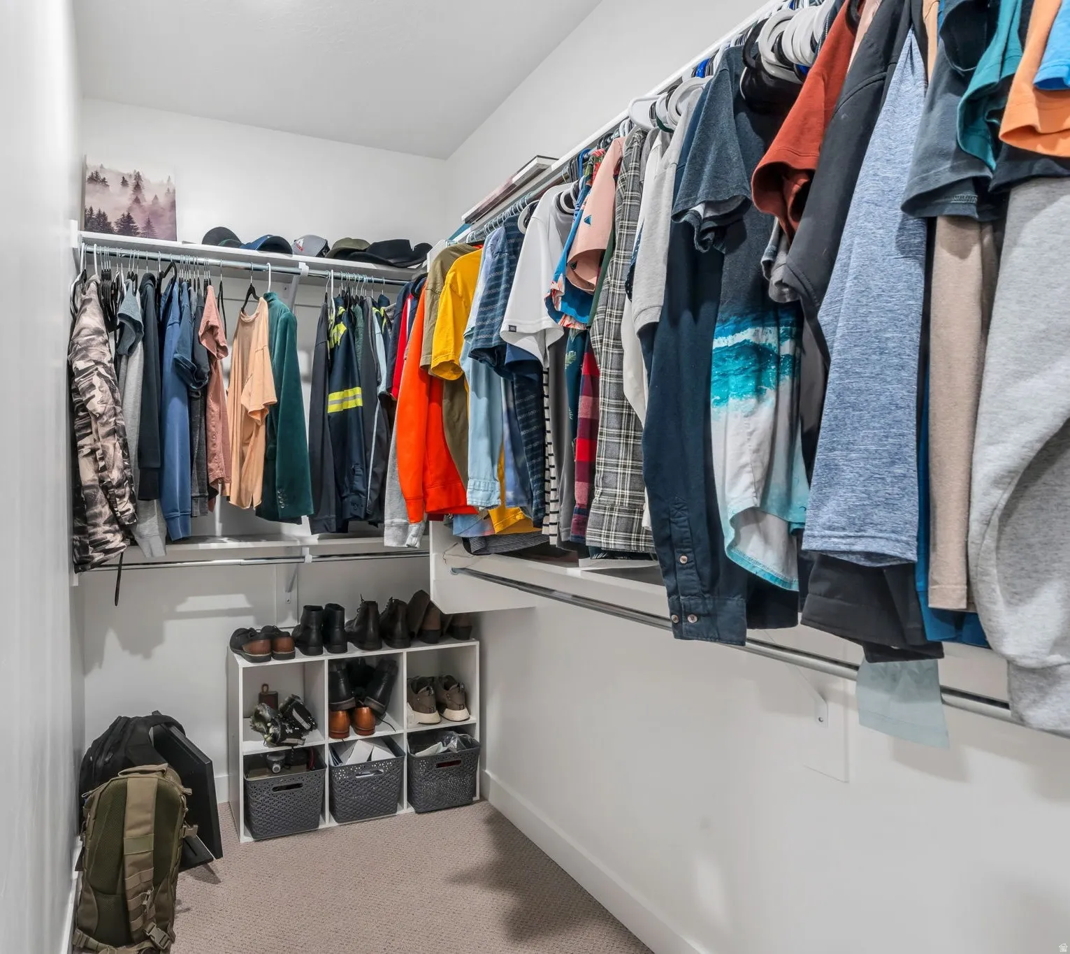Walk-in closet featuring extensive built-in shelving and hanging rods, carpet flooring, recessed lighting, and white wall finishes