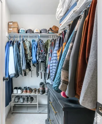 Walk-in closet featuring floor-to-ceiling storage, white shelving, and carpeted flooring