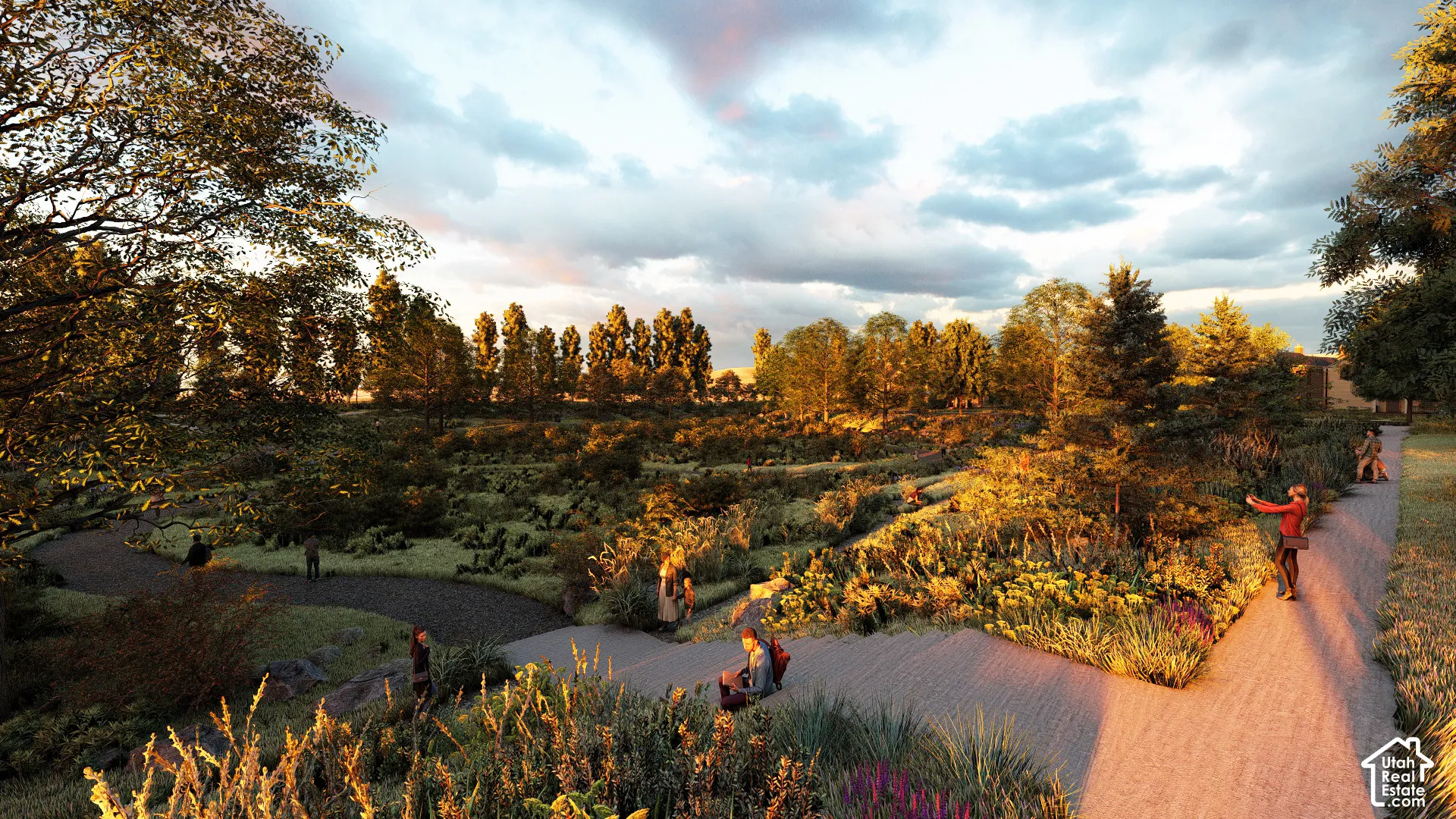 Expansive park-like setting featuring paved and natural pathways