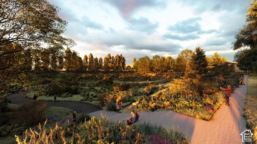 Expansive park-like setting featuring paved and natural pathways