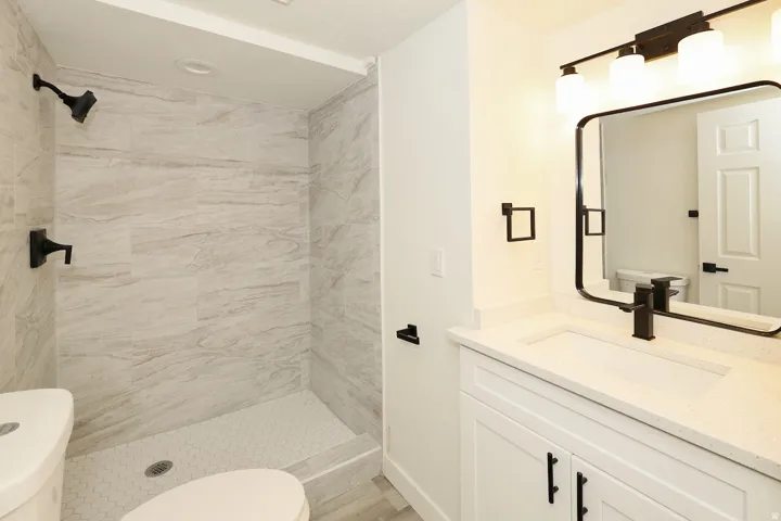 Walk-in shower with large format tile surround and hexagonal floor tiles