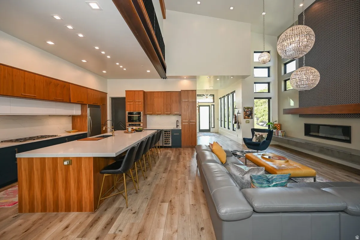 Vaulted ceilings with recessed lighting and clerestory windows