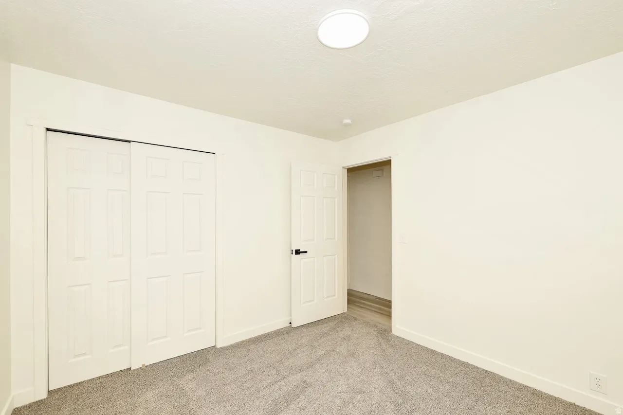 Neutral wall paint and grey carpet flooring
