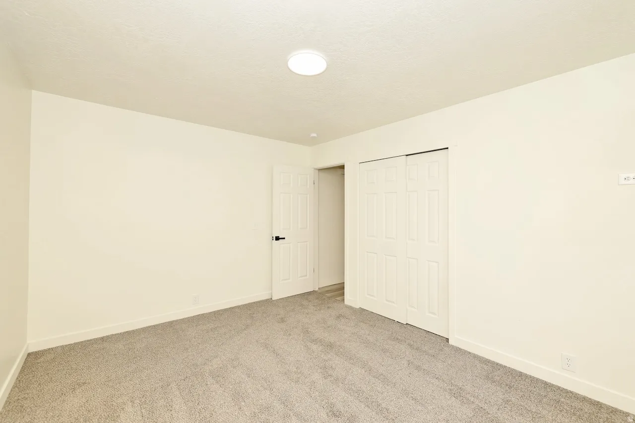Room featuring light cream walls and plush gray carpeting