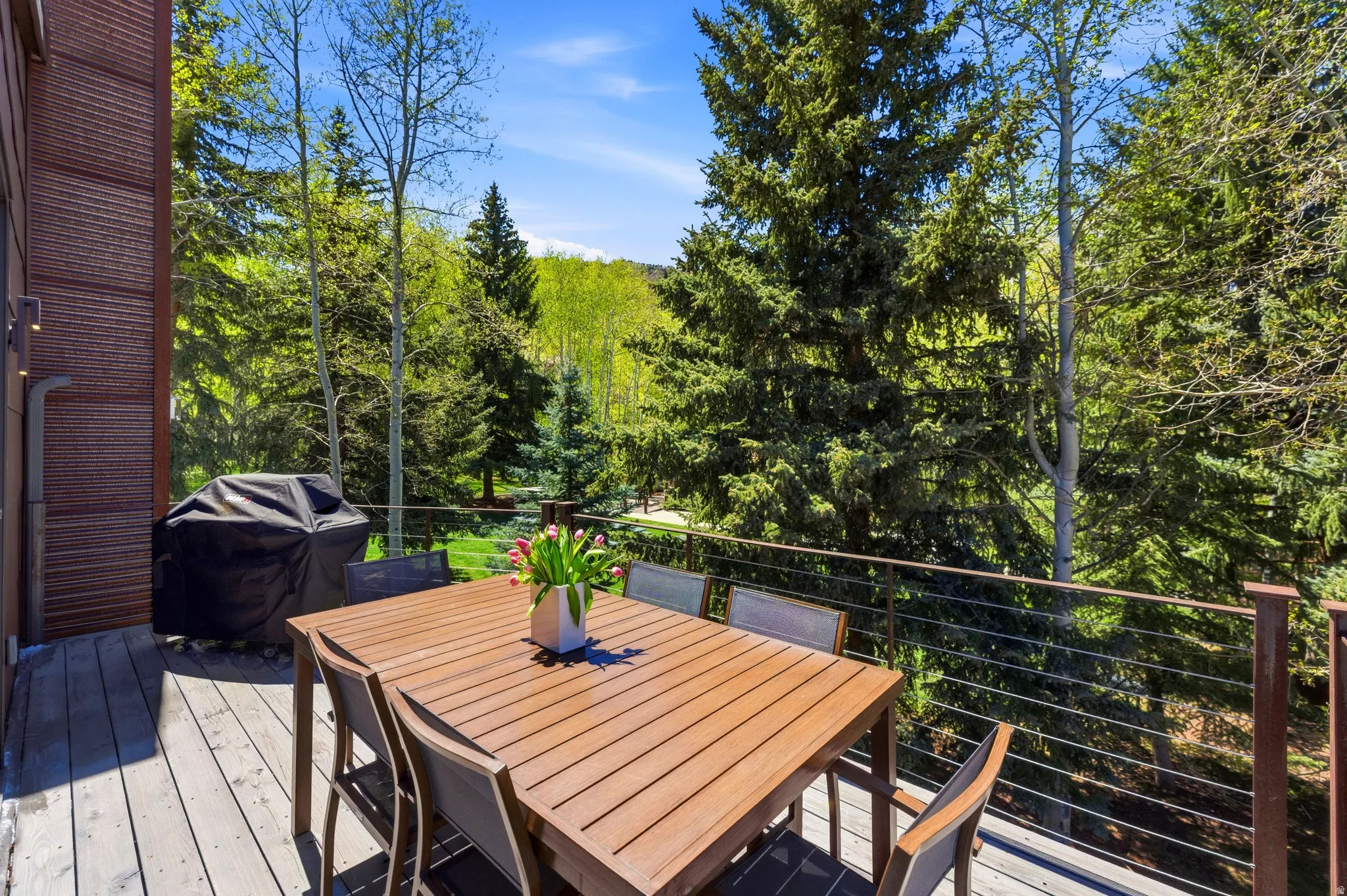 Outdoor deck with wood-finish flooring and a cable railing system