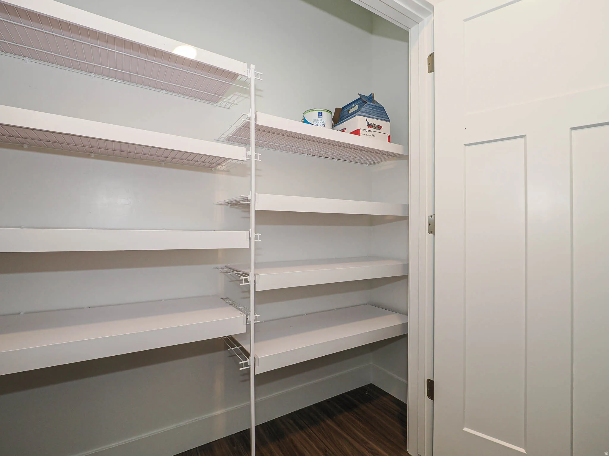 Interior pantry featuring white wire shelving, solid white shelving, white paneled door, and wood-finish flooring