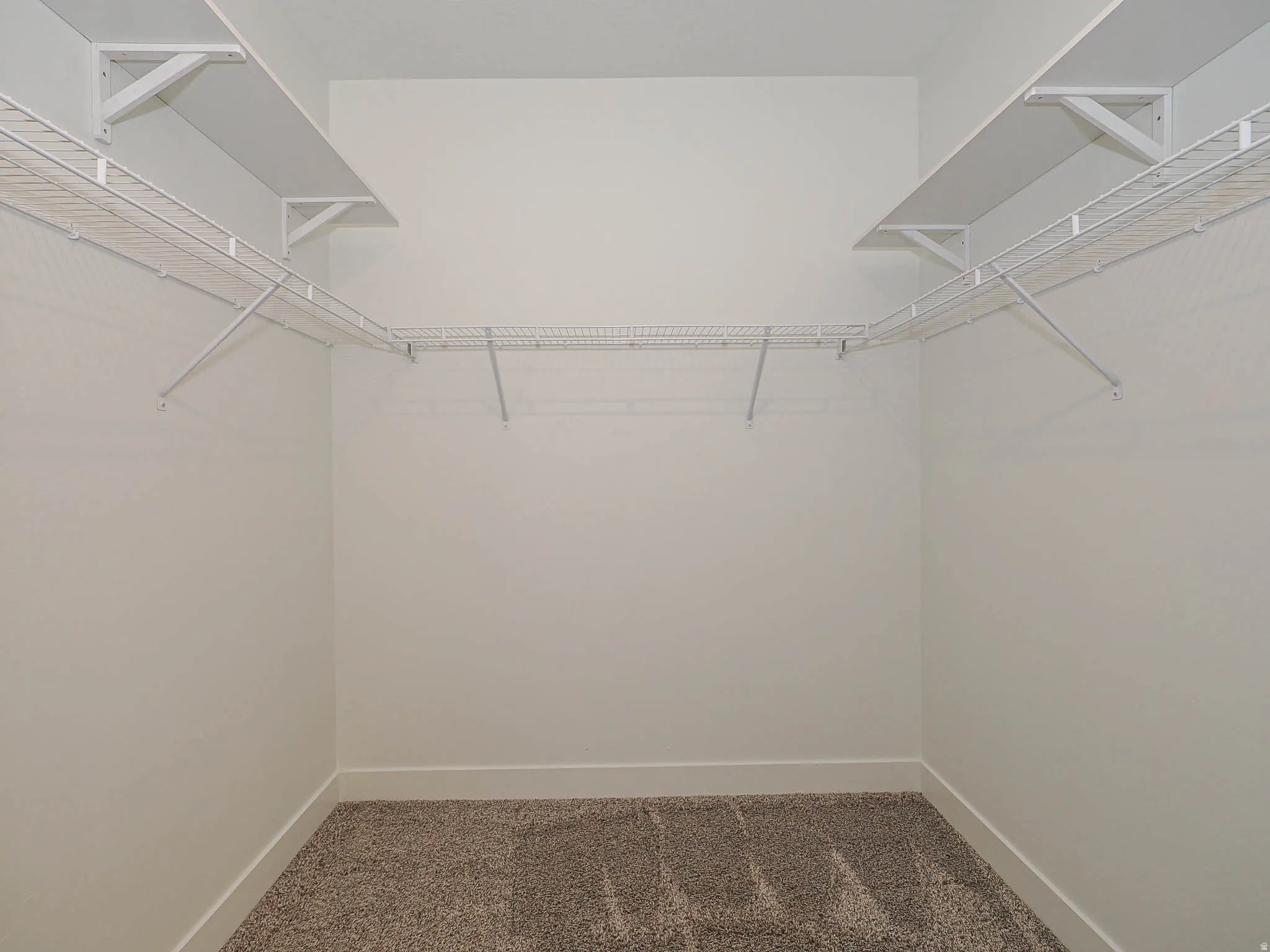 Spacious closet featuring white wire shelving, a hanging rod system, light neutral wall paint, white baseboards, and carpeted flooring