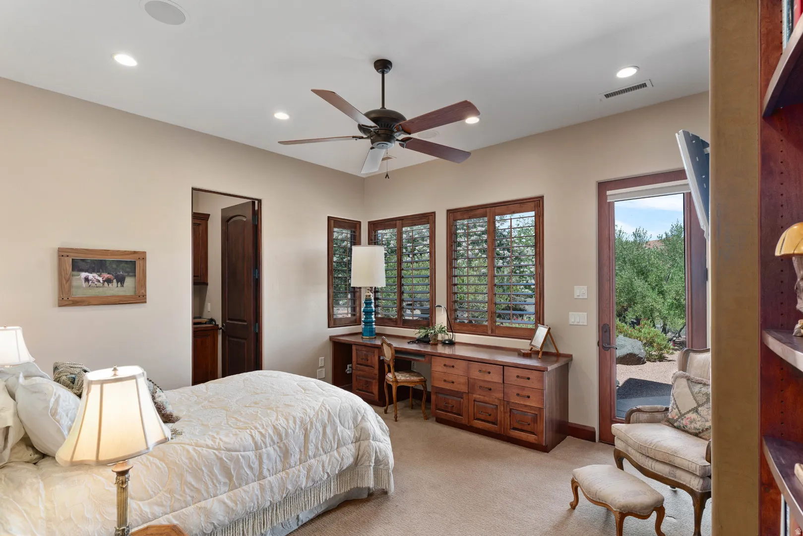 Room featuring a ceiling fan, recessed lighting, and light-toned wall paint
