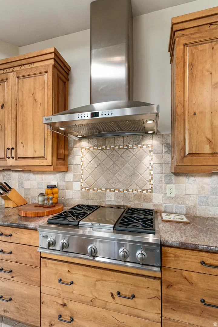 Stainless steel range hood over a professional-grade gas range