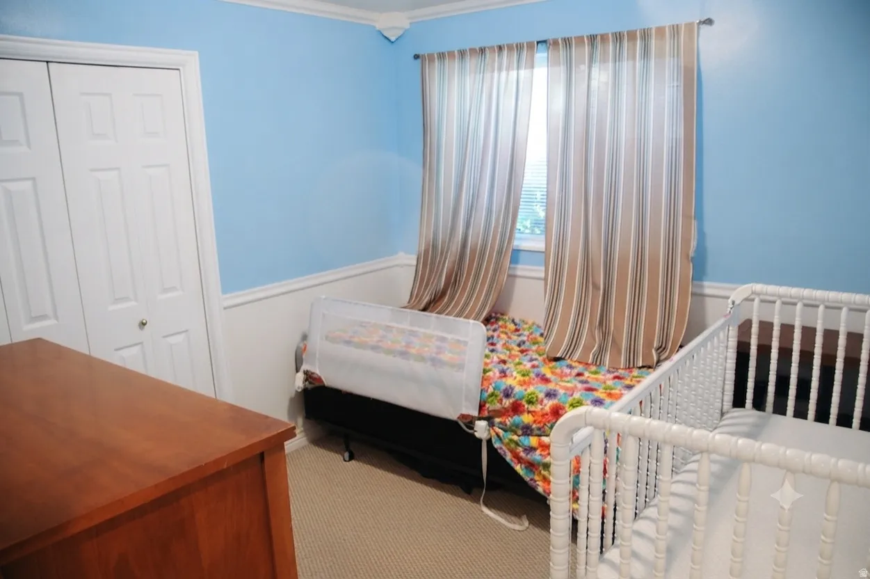 Carpeted room featuring a window with vertical blinds, a closet with bi-fold doors, white baseboards, and crown molding