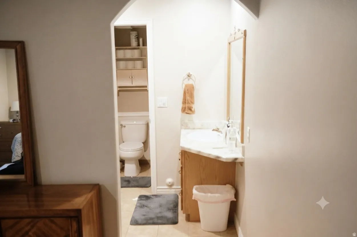 Arched doorway opening to a bathroom featuring a vanity with a light-toned countertop, a wall-mounted mirror, and a toilet area with built-in shelving