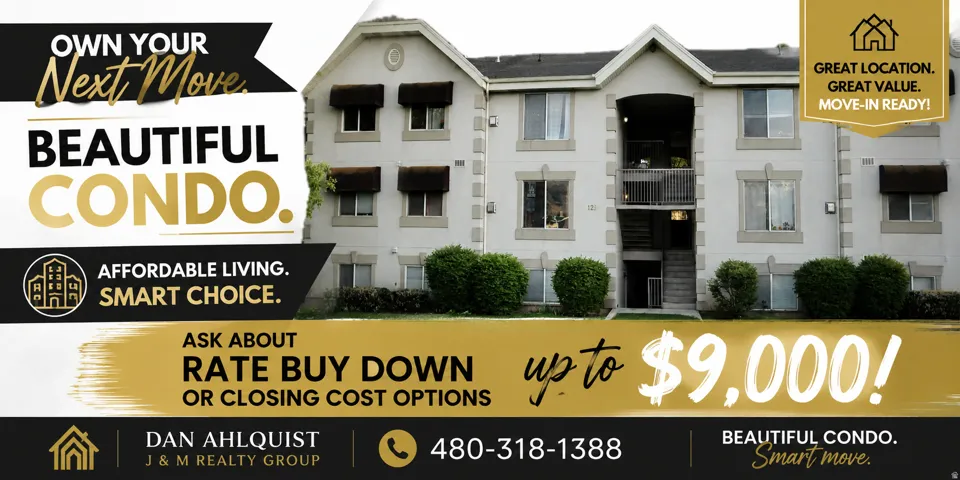 Real Estate Advertisement. Promoting a condominium property with financial incentives and contact information