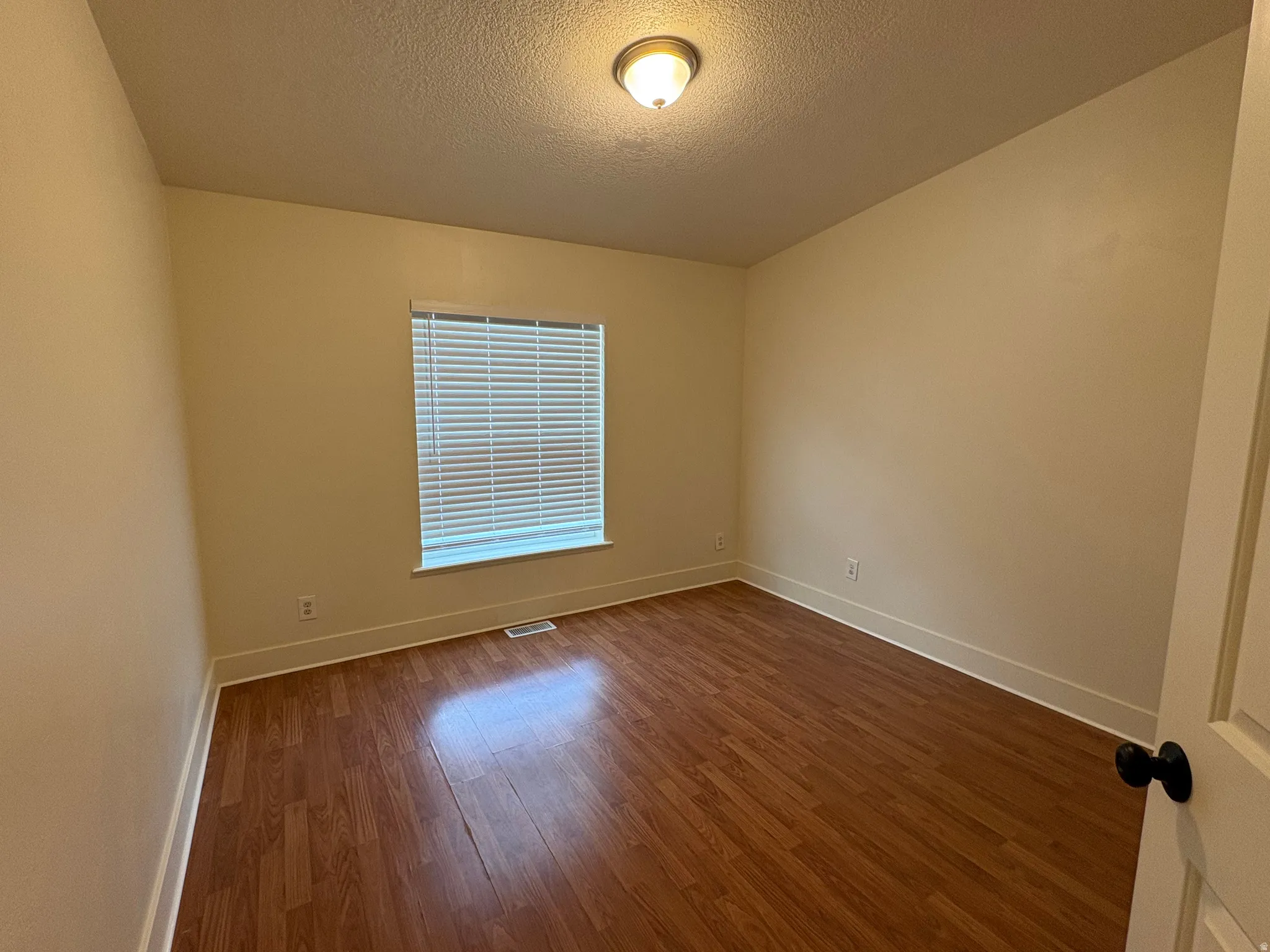 Room featuring wood-finish flooring, a window with horizontal blinds, neutral wall tones, white baseboards, and a ceiling-mounted light fixture