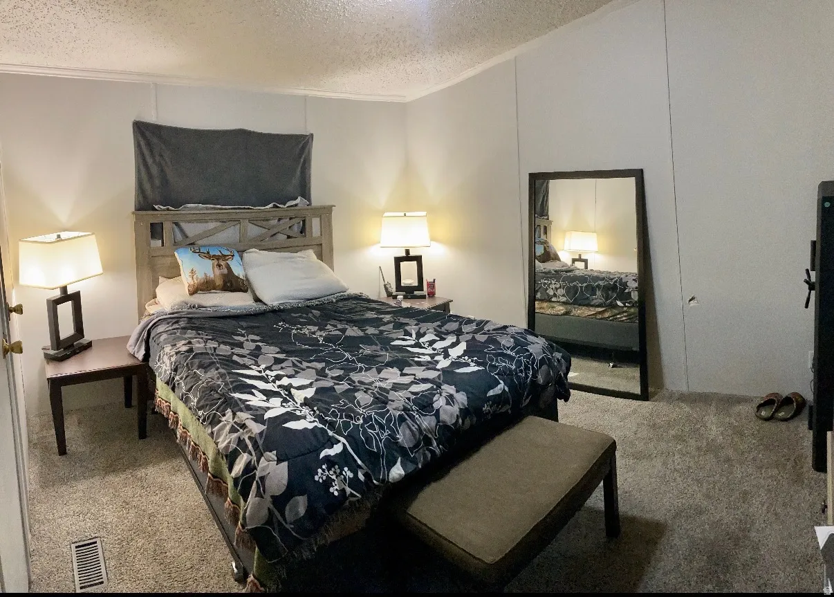 Carpeted room featuring light-toned walls and a textured ceiling