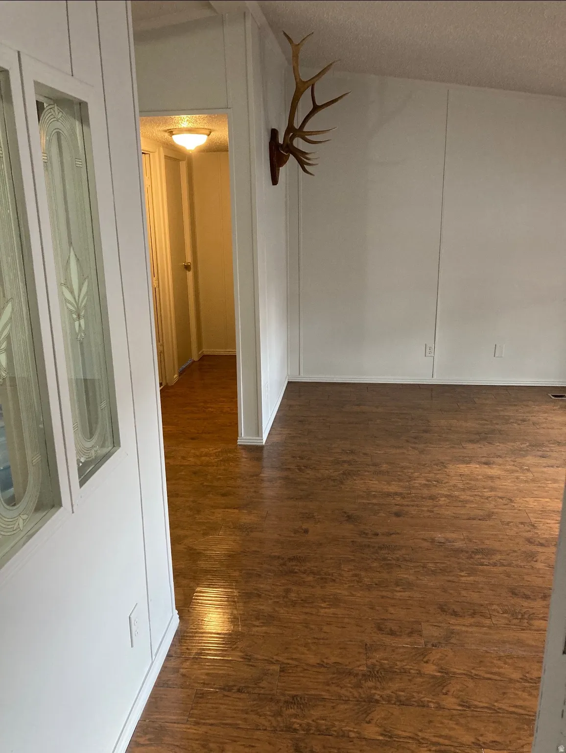 Wood-finish flooring extending into the hallway