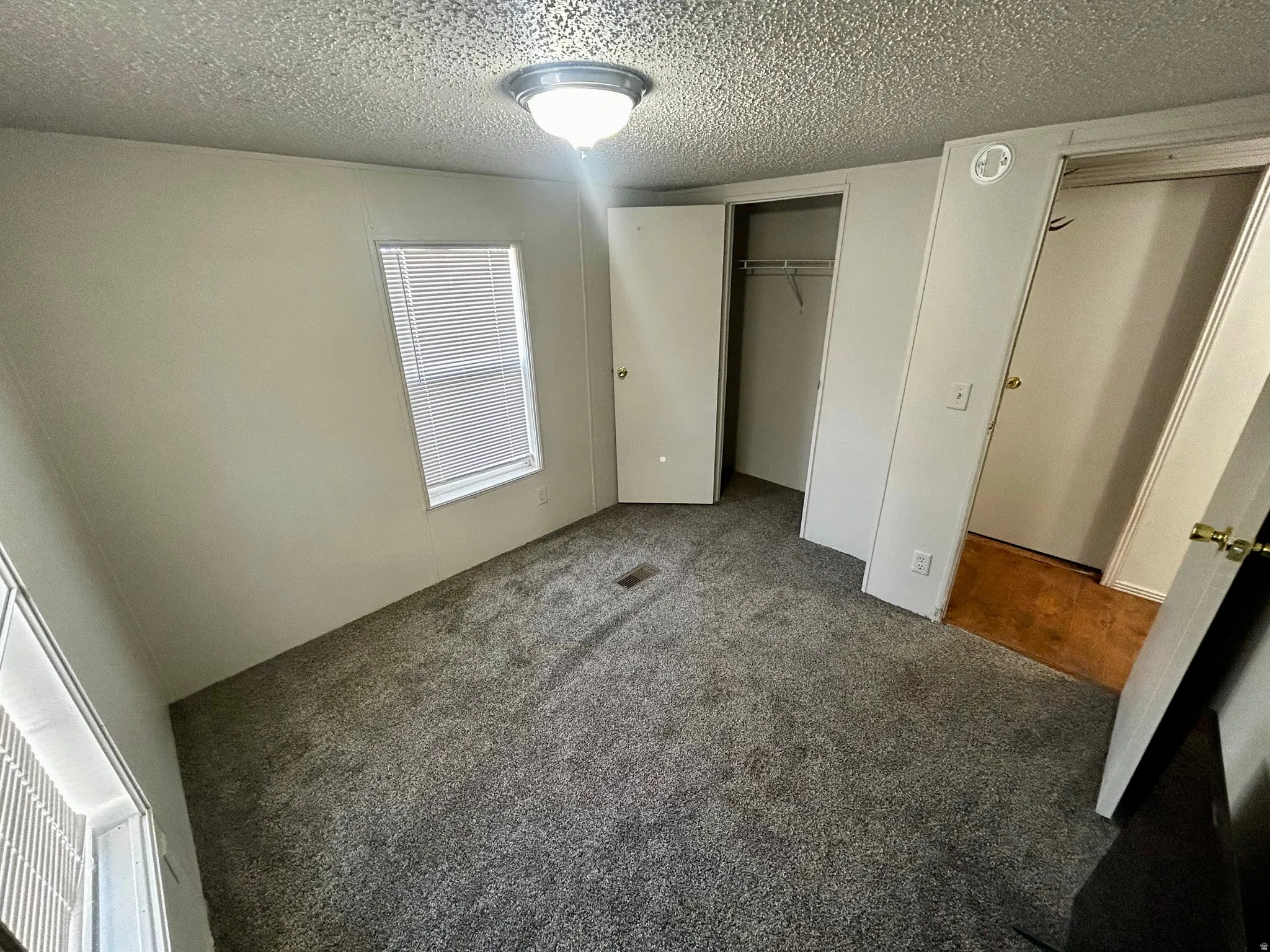 Neutral-toned walls complement the gray carpeting