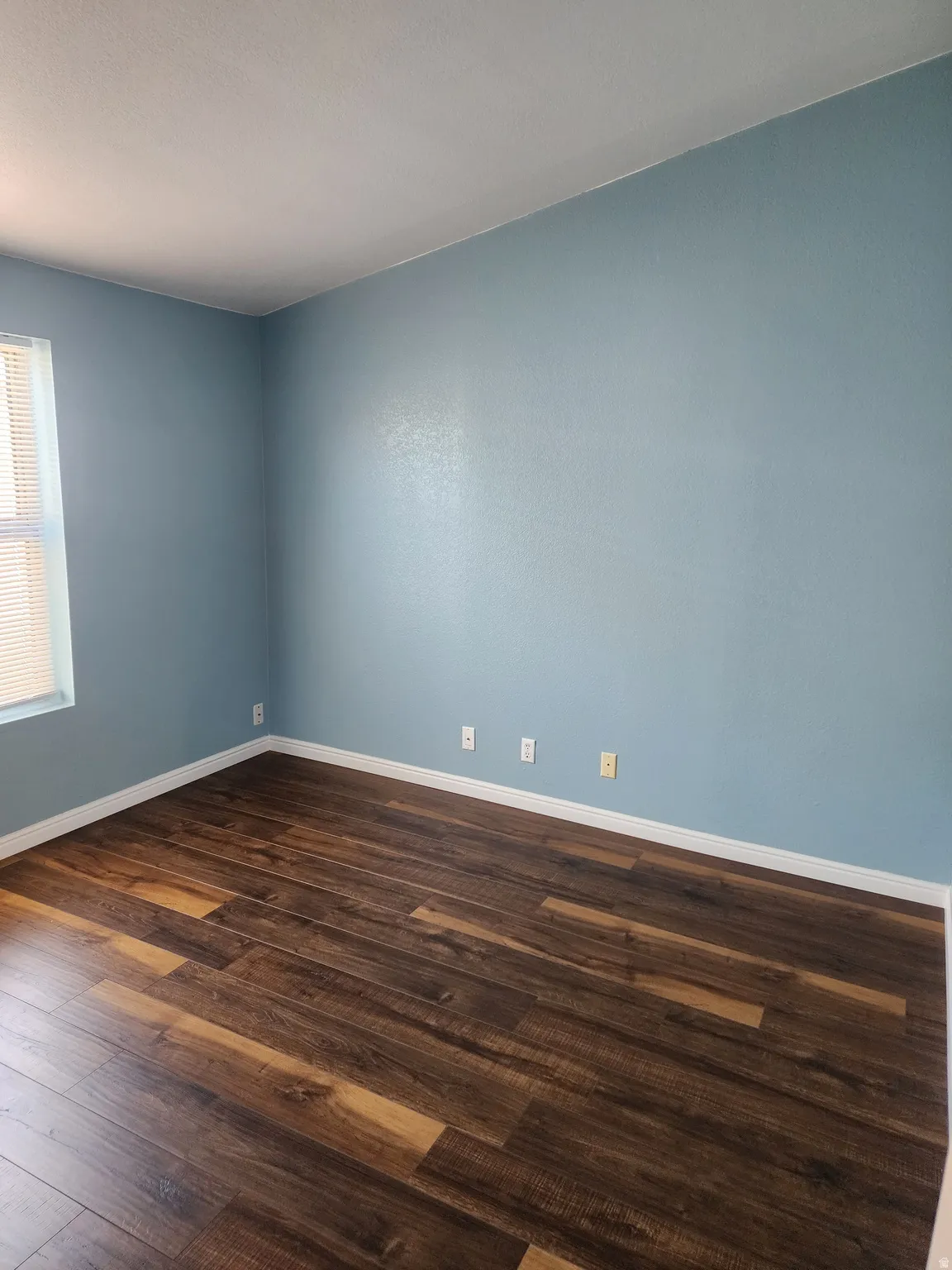 Room featuring wood-finish flooring, light blue walls, white baseboards, and a window with horizontal blinds