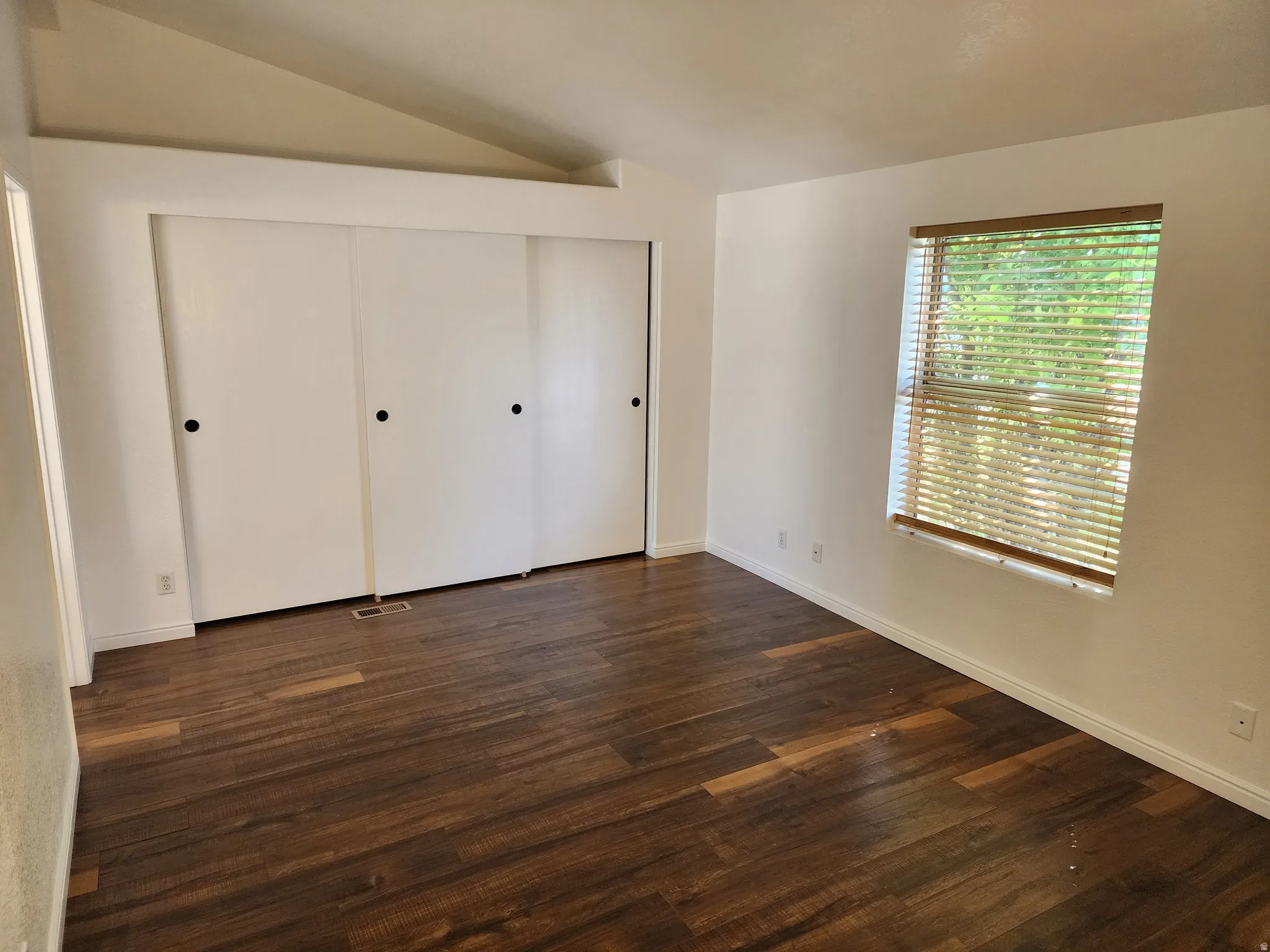 Spacious room featuring wood-finish flooring and a vaulted ceiling
