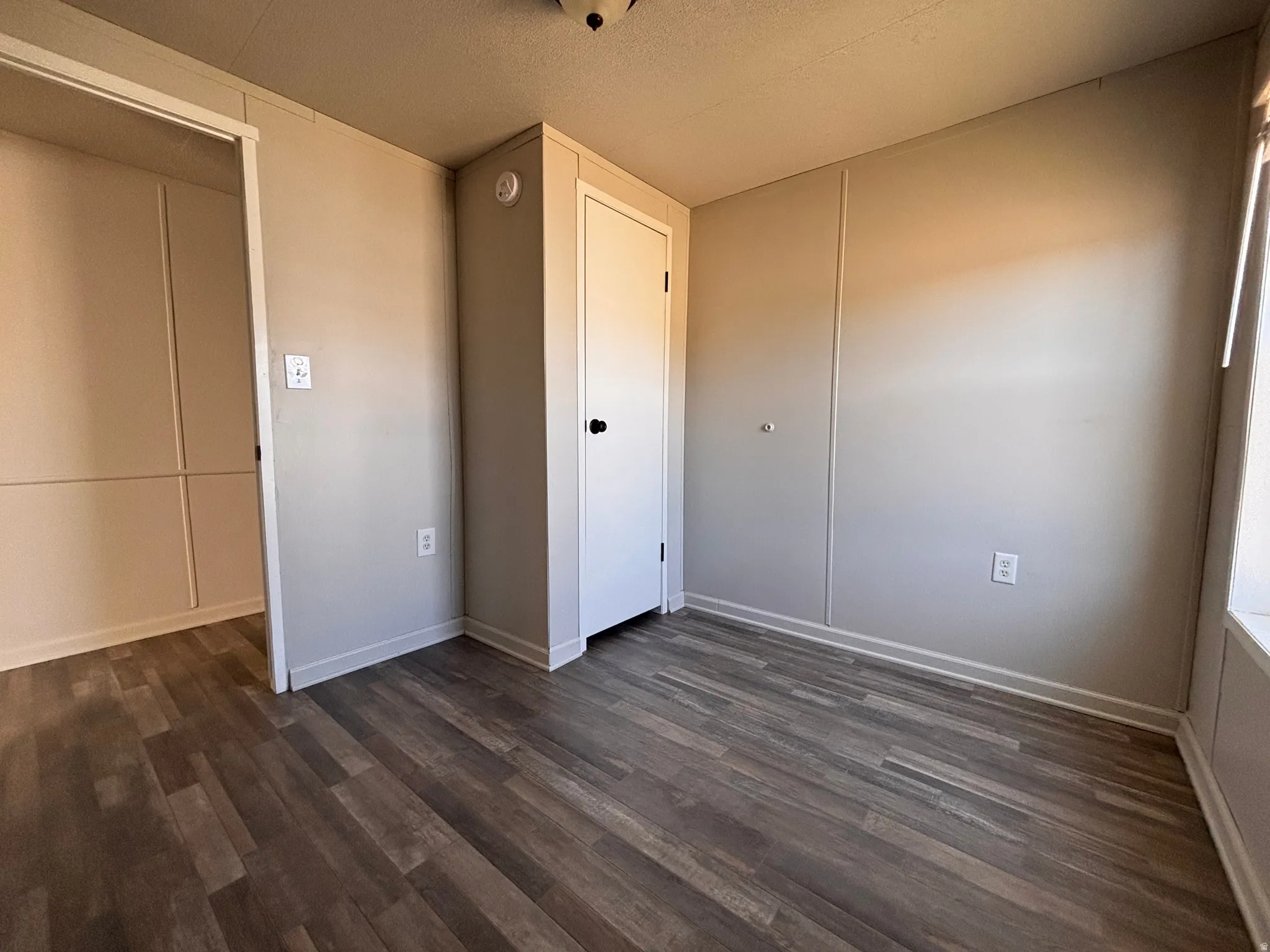 Room featuring wood-finish flooring, paneled walls, and a built-in closet with a white door