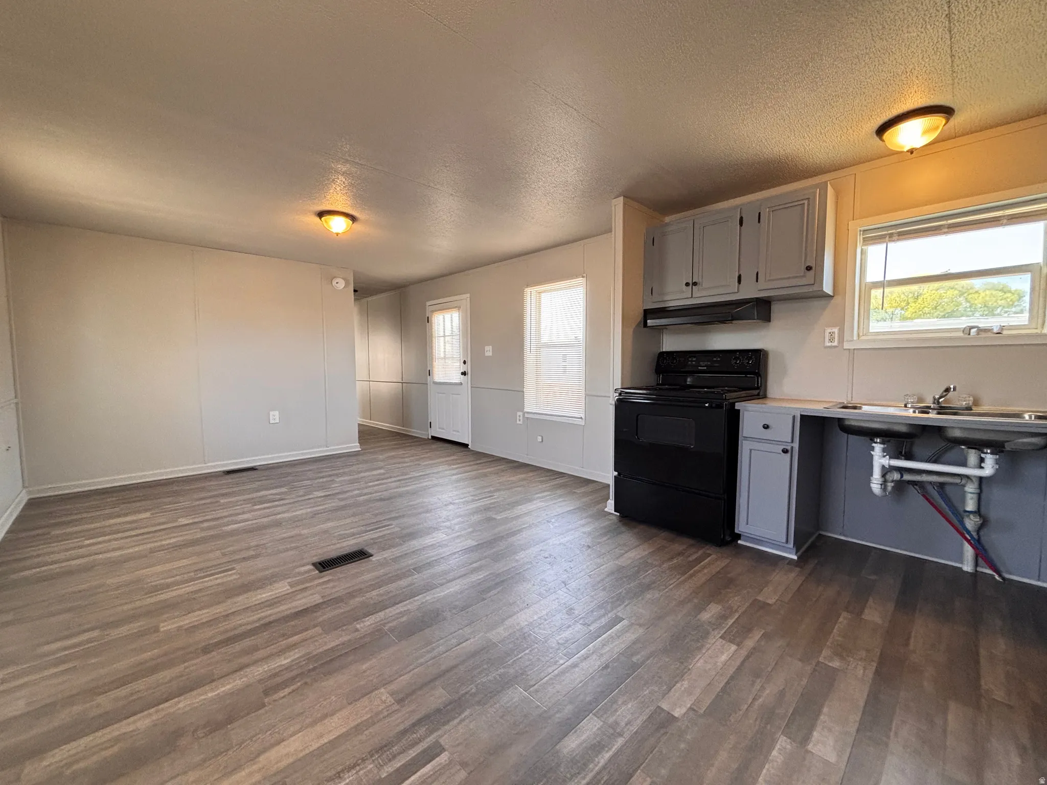 Open-concept living area featuring wood-finish flooring, neutral wall paneling, and a kitchen area with gray cabinetry, a black range, and a dual-basin sink