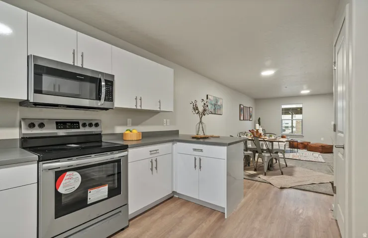 Modern kitchen featuring stainless steel appliances, white cabinetry, and a countertop peninsula