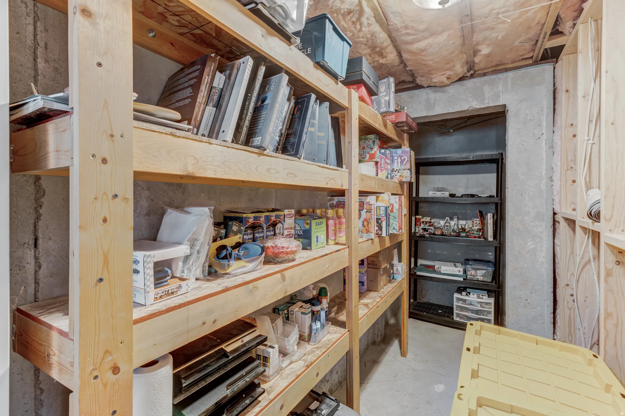 Basement storage area featuring extensive wood shelving, concrete walls, and overhead lighting