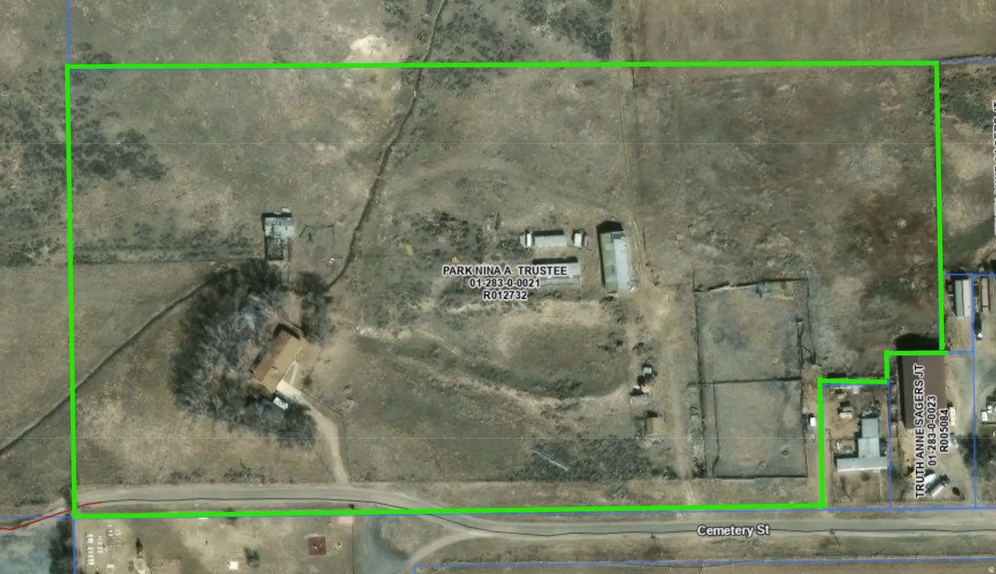 Aerial Property Map. Displaying the property boundaries and identifying structures and owner details
