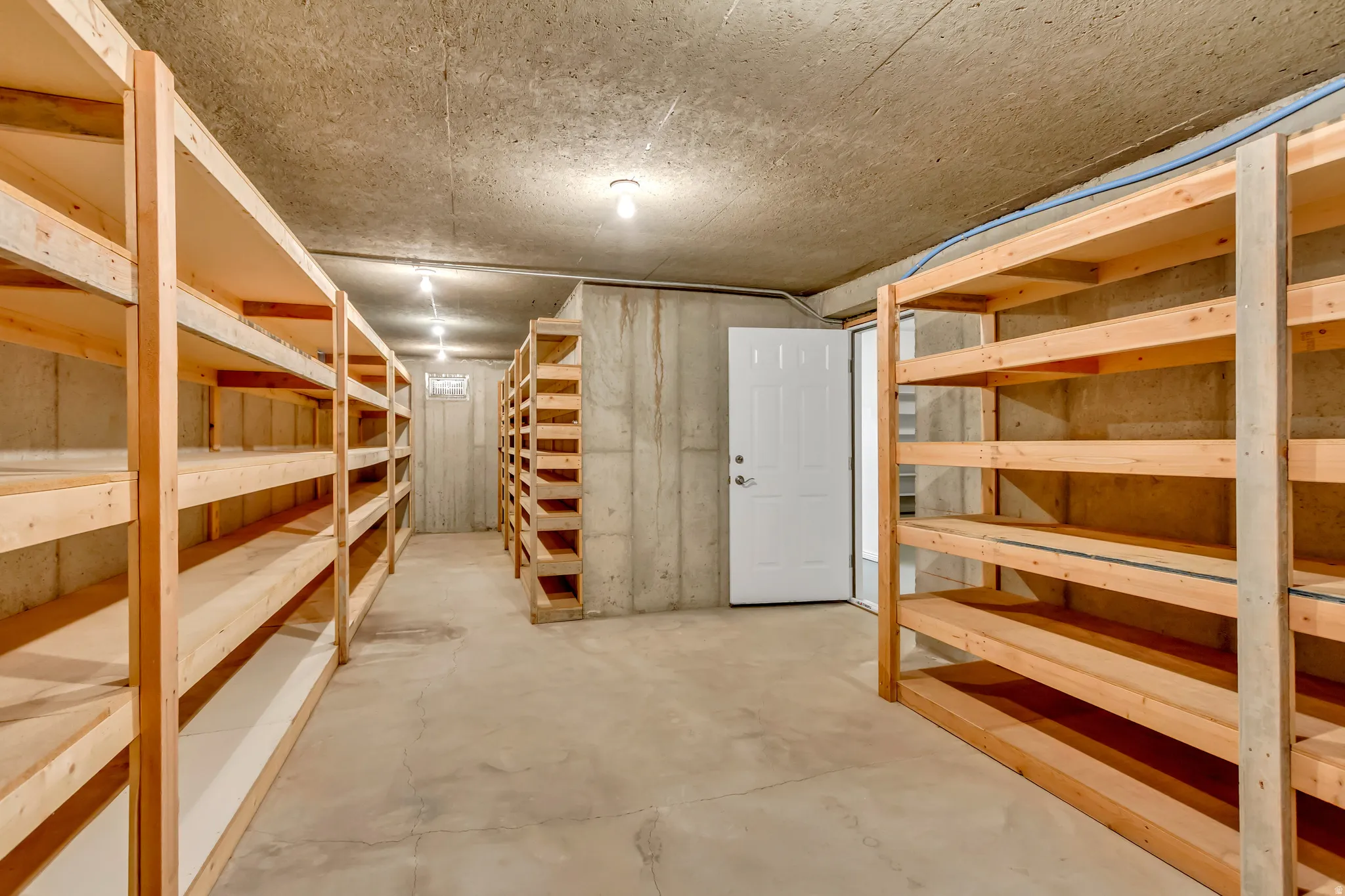 Expansive storage area featuring concrete flooring, concrete walls, a plywood ceiling, and extensive wood shelving units