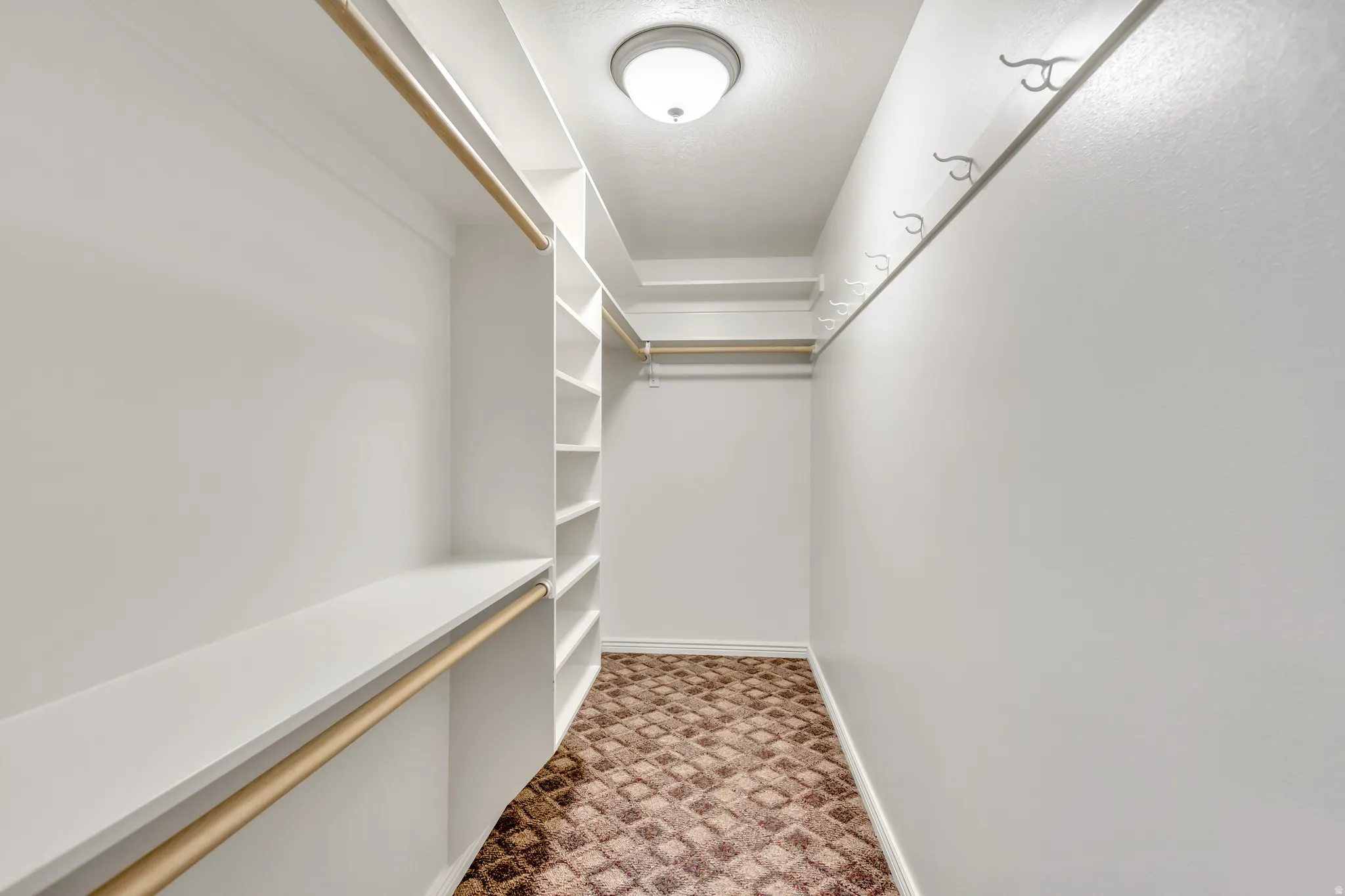 Walk-in closet featuring built-in shelving, hanging rods, coat hooks, a flush-mount light fixture, and patterned carpet