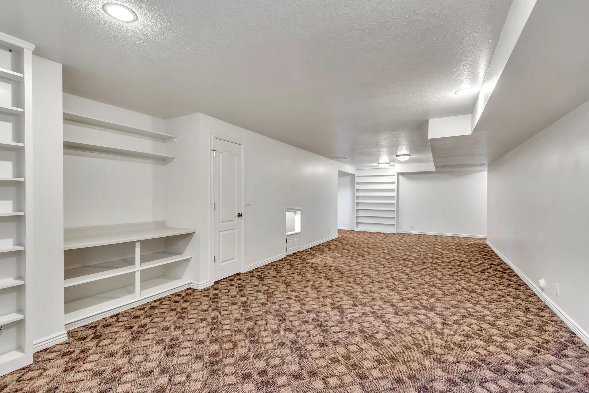Spacious carpeted room featuring extensive built-in shelving, a recessed lighting fixture, a solid white door, and an integrated countertop surface