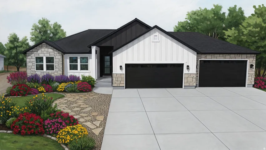 Contemporary ranch-style exterior featuring a black roof, white vertical siding, light-toned stone accents, and a dual garage