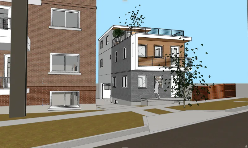 Architectural Rendering. Illustrating the property's exterior design and surrounding structures