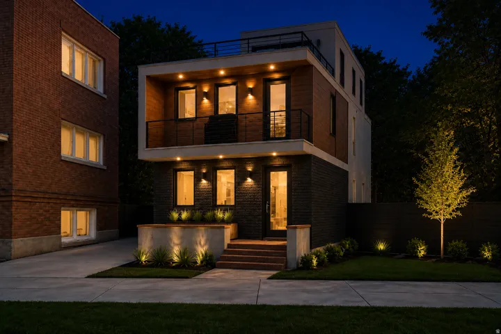Modern architectural facade featuring dark brick, wood-finish siding, and a rooftop deck