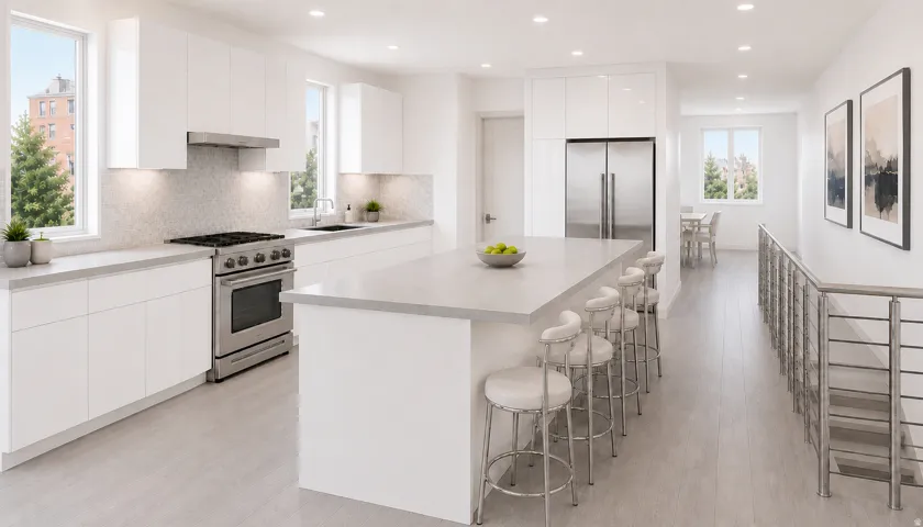 Sleek kitchen featuring white flat-panel cabinetry, light-toned countertops, and a full suite of stainless steel appliances