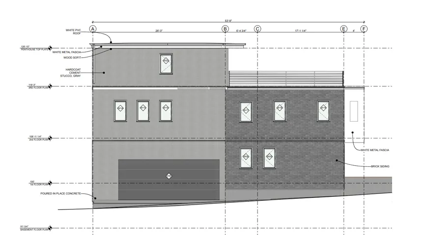 Architectural Elevation Plan. Detailing exterior finishes and structural dimensions for the property
