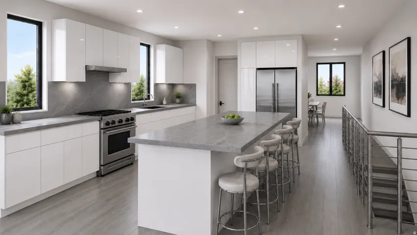 Contemporary kitchen featuring white flat-panel cabinetry, a stainless steel range with matching hood, and an expansive island with a stone-finish countertop