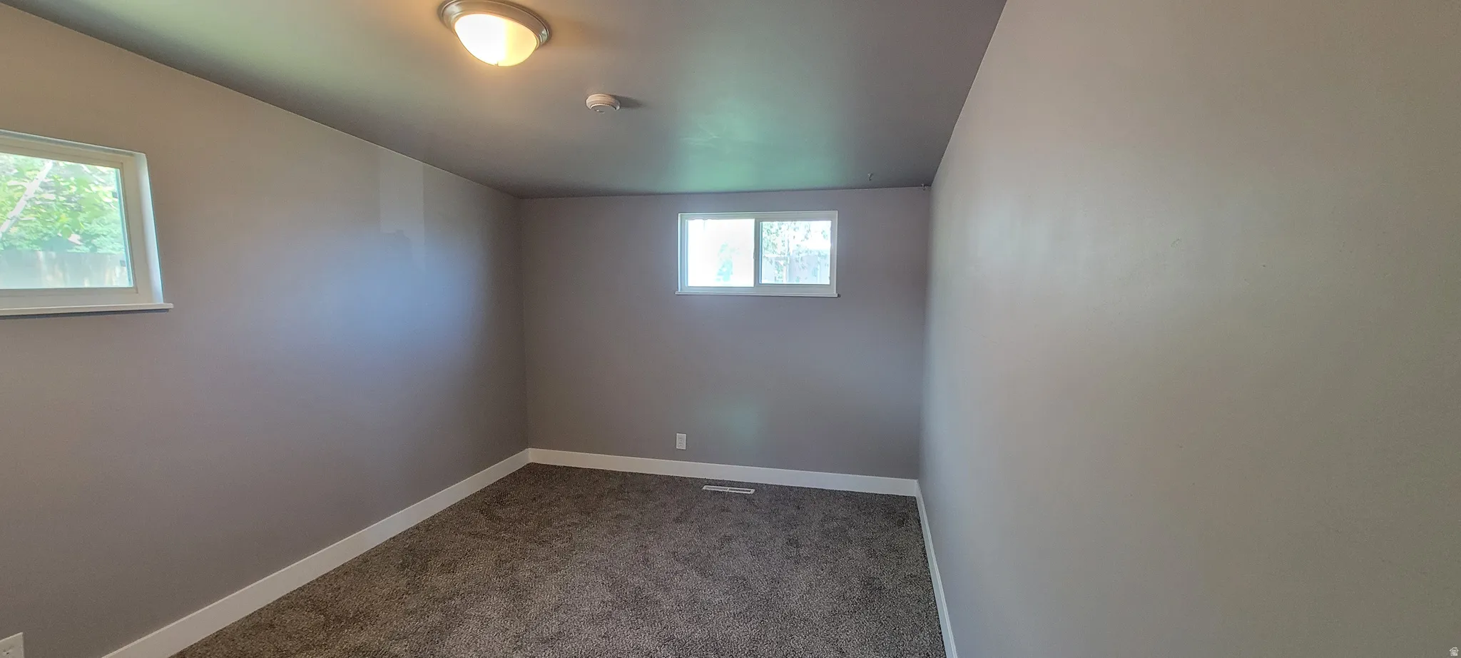 Neutral toned room featuring gray carpeting, white trim, and two windows