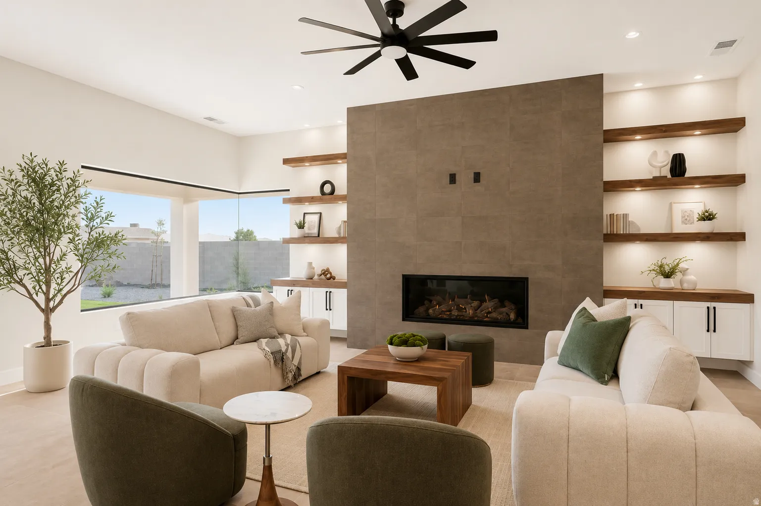 Living area featuring a floor-to-ceiling tile fireplace surround with an integrated linear fireplace, a black ceiling fan, and large corner windows