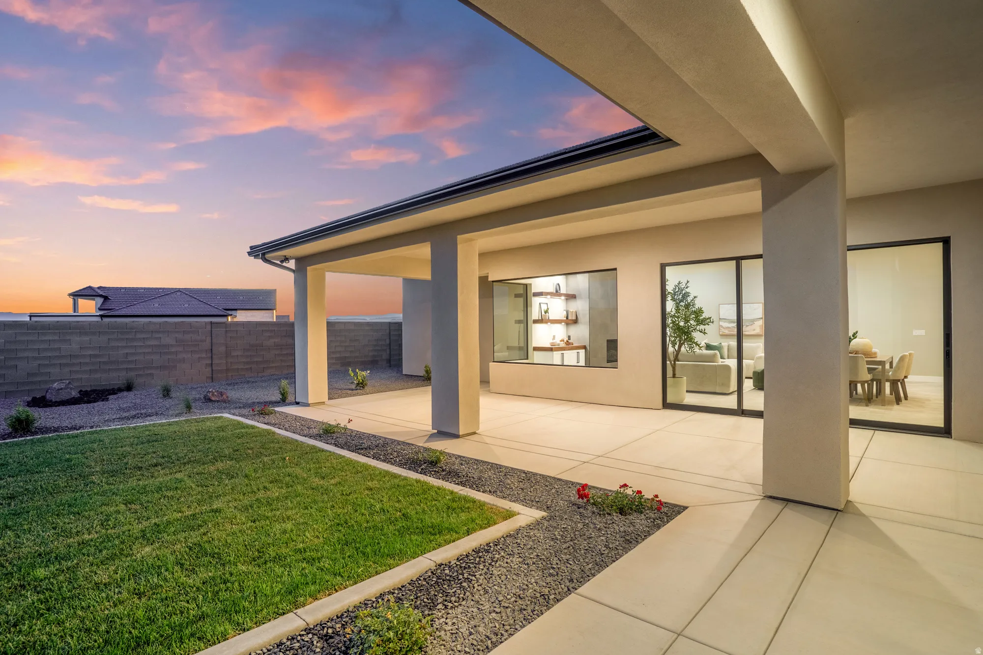 Covered patio featuring recessed lighting, a concrete slab, and direct access to the interior via large sliding glass doors