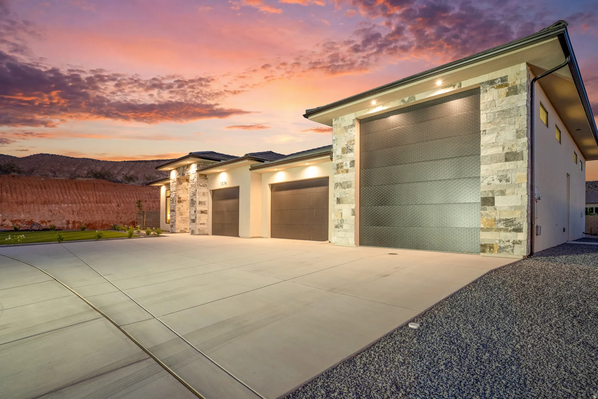 Modern architectural facade featuring stone veneer accents