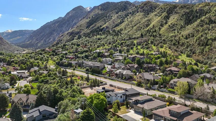 Expansive mountain-backed community featuring a variety of architectural styles, established landscaping, paved roads, and lush natural surroundings