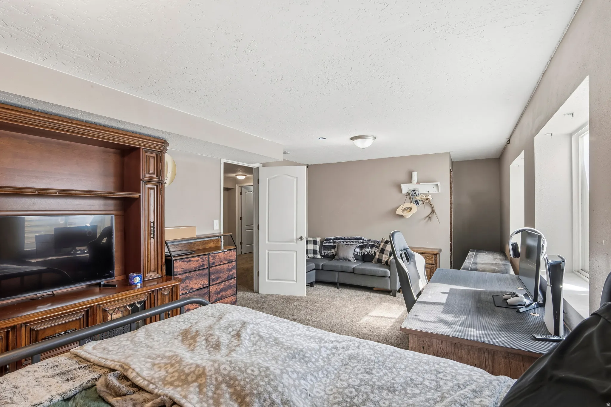 Carpeted flooring throughout, featuring a built-in media cabinet, neutral wall tones, and two windows providing natural light