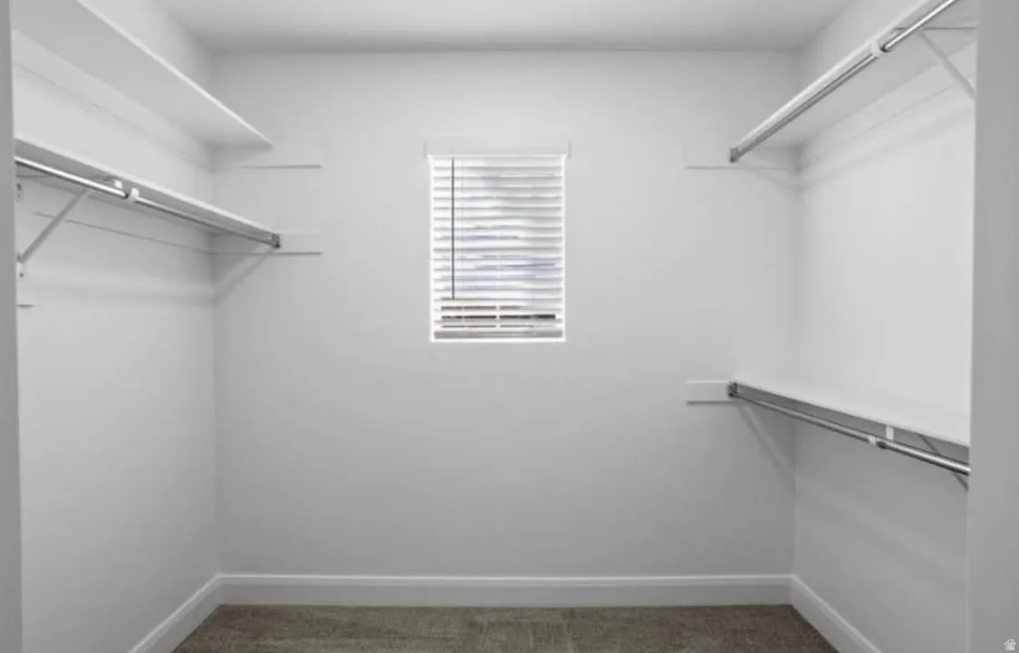 Bright walk-in closet featuring a window with blinds, upper and lower shelving, and hanging rods