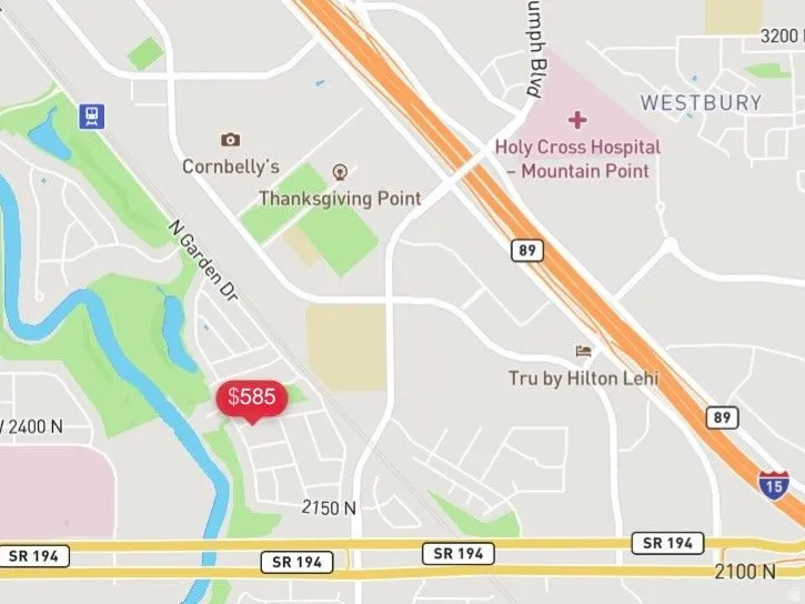 Property Location Map indicating the geographic placement of the property with I-15 freeway, Silcon Slopes, Hosptial, Thanksgiving Point, and many shops and restaurants.